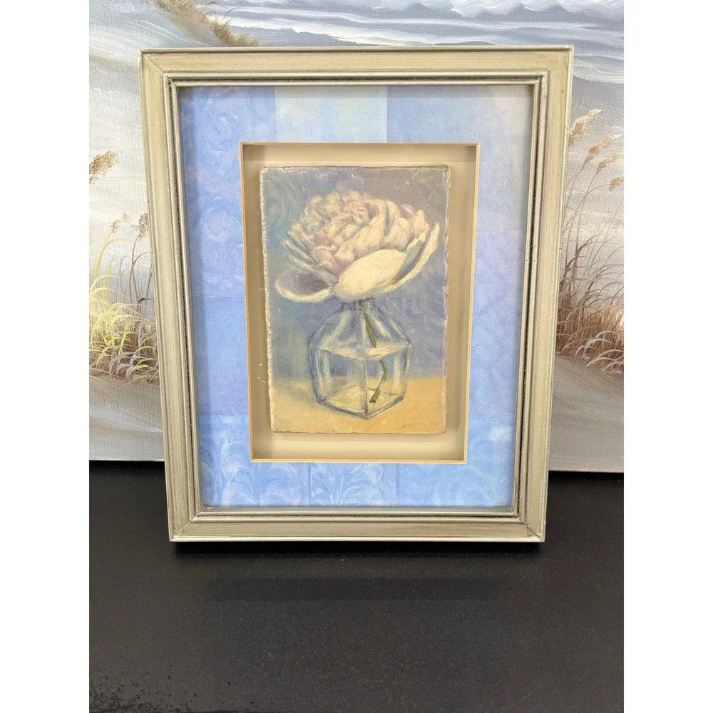 Floral Still Life Framed Tile Art Pink Flower in Glass Vase Silver Frame